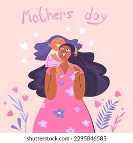 Mother's day card. Happy mother and daughter hugging. Vector illustration.