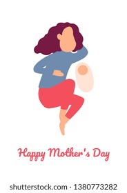 Mothers day card illustration. Mom hug a baby with love and quote love you mom on sweet background. Vector illustration.