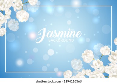  Mother's day card with Jasmine flower on blue background. vector illustration.