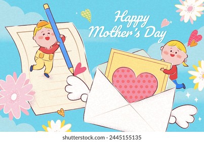 Tarjeta del Día de la Madre. Niños escribiendo carta de amor sobre fondo azul del cielo con nubes y flores.