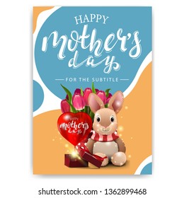 Mother's day card with a modern texture shape-liquid, plush rabbit, tulips and gift