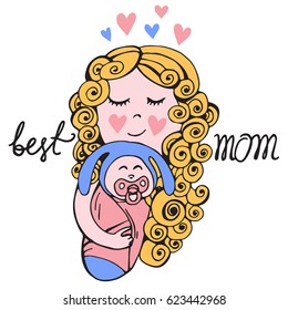 Mothers day card with mom, child and lettering. Best mom vector illustration in doodle style, romantic sketch background, Design for prints, t-shirt.