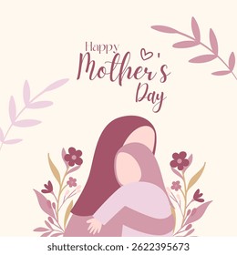 Mother's day card. Mom and daughter hugging while standing on flowers . vector illustration.