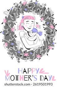 Mother's day card. Mother and Child - Grey and Pink Floral Hug Illustration
