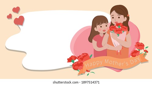Mother's day card, mother and daughter cartoon character illustration, banner poster for celebrating holiday