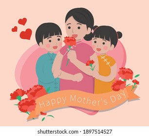 
Mother's Day card, mother and daughter with son cartoon character illustration, celebrating the holiday