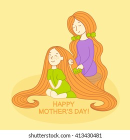 Mother's day card. Mother with daughter. Card for Mother's Day. Vector line illustration with lettering. Happy mother's day card. Beautiful redhead mom and daughter. Mother combing daughter's hair. 