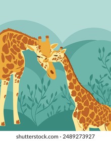 Mother's Day card with mother giraffe and baby, calf. Cute funny tropical animal family, happy wild mom and baby mammals in nature. Mother's love for child.