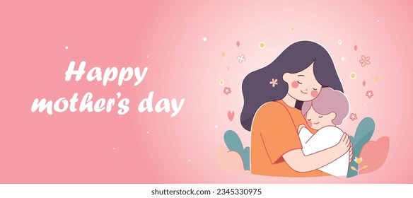 Mother's day card, mother hug her child with love emotion and pink background.