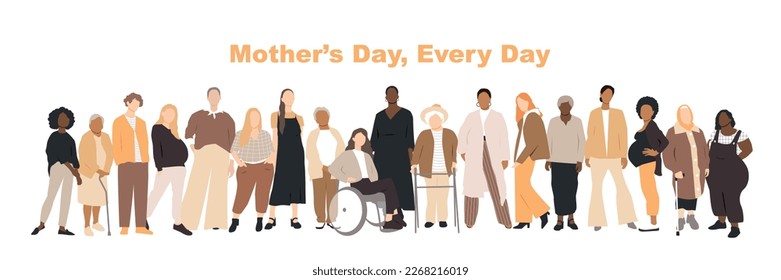 Mother's Day card. Multicultural group of mothers. Flat vector illustration.