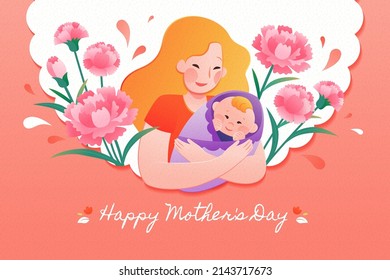 Mother's Day card with newborn. Illustration of a young mother hugging her swaddled newborn baby with carnations aside them on salmon background