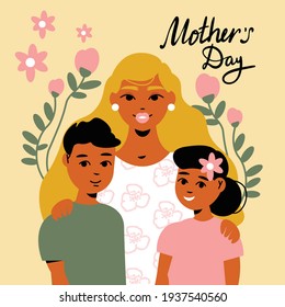Mothers day card with ornate text and images of flowers surrounding family members mom with children vector illustration