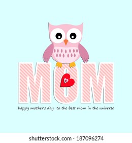 Mother's Day card, with owl and hearts for girl.Vector eps10, illustration.