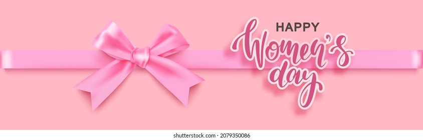 Mother's Day card with a pink bow on a pink background. Happy Mother's Day beautiful text.Banner, postcard.