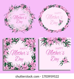 Mother's day card with pink flowers. Greeting card with pink lilies. Mother's Day Greetings. Vector illustration with lilies. Printing on paper and fabrics. Making a gift for your mother. 