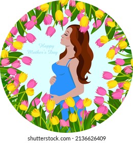 Mother's day card. Pregnant girl in a frame of tulips 