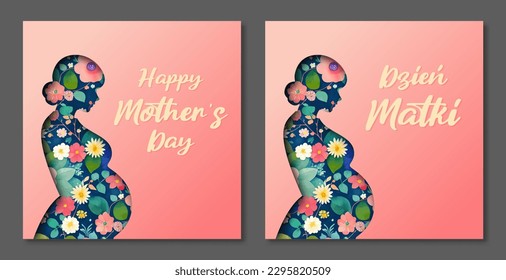 Mother's Day card. Pregnant woman silhouette. Watercolor flowers background. Polish and english version.