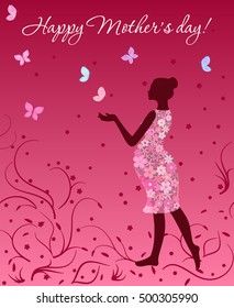 Mother's day card with pregnant woman in floral dress with butterflies on pink background
