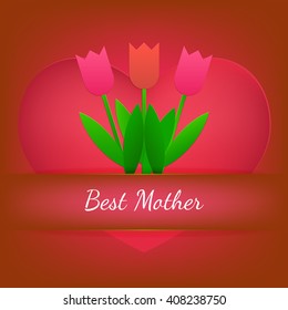 Mother's  Day card. Red background with heart and color tulips. Vector illustration 