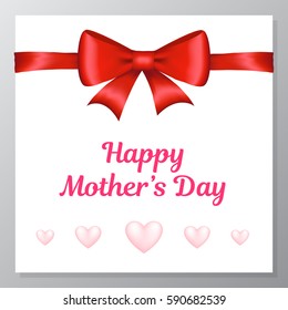 Mother's Day card with red bow and pink hearts. Vector illustration.