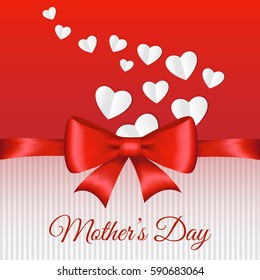 Mother's Day card with red bow and pink hearts. Vector illustration.