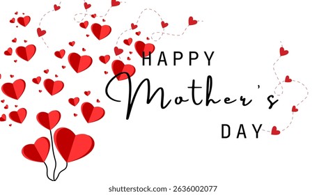 Mother's day card. red heart paper flying elements like balloon on white background. Symbol of love in shape of heart for greeting card design.	