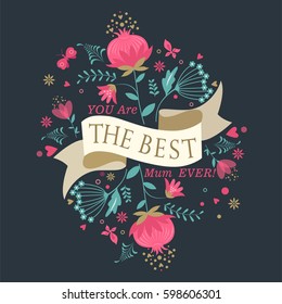 Mother's day card with ribbon, flowers and butterfly. Vector illustration.