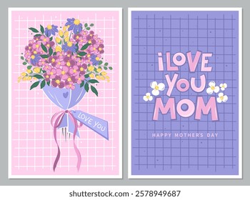 Mother's Day card set. Banner, poster, template or cover with a bouquet flowers and I love you mom inscription. Spring summer floral design. Vector illustration