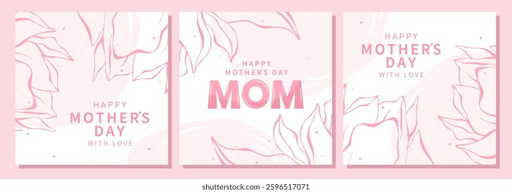 Mother's Day card set. Banner, poster, label, template or cover with flowers frame in pastel colors. Vector illustration