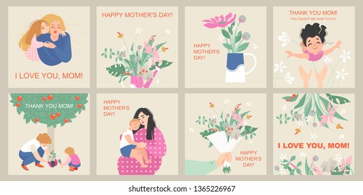 Mother's day card set with cute cartoon characters and bouquets of flowers. Design elements for poster, banner and card