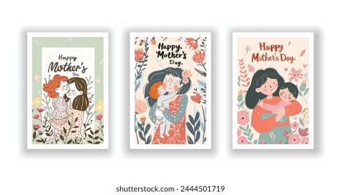 Mother's Day Card Set, Cute Vector Illustrations, Typography, and Wishes