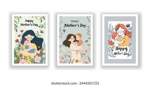 Mother's Day Card Set, Cute Vector Illustrations, Typography, and Wishes