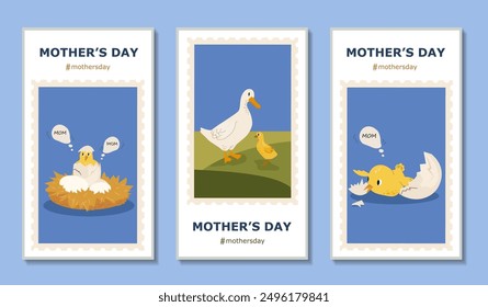 Mothers day card set. Duck and goose with ducklings. Chicken hatches from egg. Love and care. International holiday and festival. Flat vector collection isolated on blue background