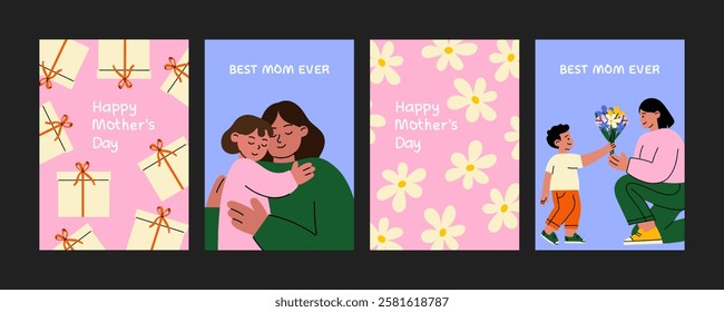 Mother's Day Card Set. Flat cartoon-style illustrations with flowers, gifts, and loving family moments. Perfect for greeting cards, posters, invitations, and digital designs celebrating moms.