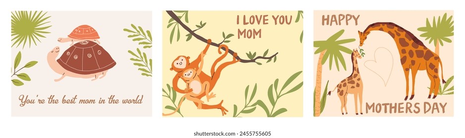 Mother's day card set, greeting card design with cute monkey and giraffe mom and baby. Happy holiday greeting card background, animal, mammal mom and baby cub in tropical jungle, love phrase, quote. 