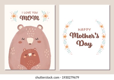 Mother's Day card set with hand drawn Mom and baby bears and flowers. 