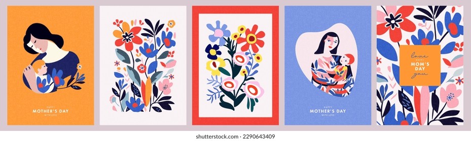 Mothers Day card set  Trendy posters covers and flowers  abstract floral patterns   mother and child illustration in mid century modern art style  Spring summer bright abstract templates