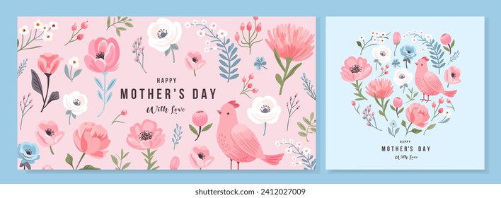 Mother's Day card. Spring summer bright acrylic floral design template for ads promo. Vector trendy paints banner, poster, flyer, label or cover with flowers frame, abstract floral pattern.