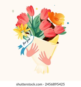 Mother's Day card. Spring summer floral bouquet. Trendy banner, poster, flyer, label or cover with pink tulips,  vector illustration watercolor style