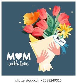 Mother's Day card. Spring summer floral bouquet. Trendy banner, poster, flyer, label or cover with pink tulips, vector illustration watercolor style