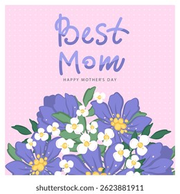 Mother's Day card. Spring summer floral design. For the best mom inscription. Vector illustration for banner, poster, label, template