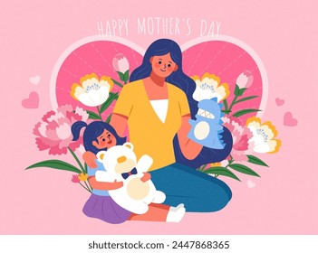 Mother's  day card. Sweet mom and daughter interaction on pink background with flowers and heart.