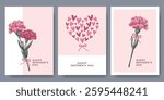 Mother's Day card template design series featuring hand painted watercolor carnations and heart elements, gratitude and blessings. Vector illustration.