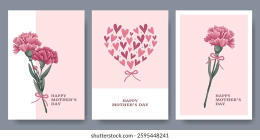 Mother's Day card template design series featuring hand painted watercolor carnations and heart elements, gratitude and blessings. Vector illustration.