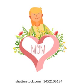 Mothers Day Card Template, Happy Beautiful Mother and Floral Frame in Shape of Heart Vector Illustration