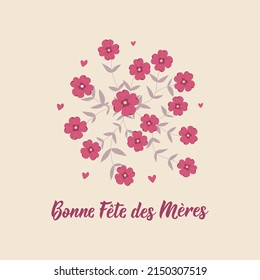  Mother's Day card. Text in French - Happy Mother's Day. Holidays lettering. Ink illustration. Postcard design.