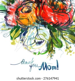 Mother's Day Card/ thank you mom!/ bouquet of multicolor roses on a white background/ watercolor painting/ vector illustration