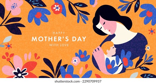 Mother's Day card. Trendy banner, poster, flyer or cover with flowers, abstract floral pattern and mother with child illustration in mid century art style. Spring summer bright abstract template