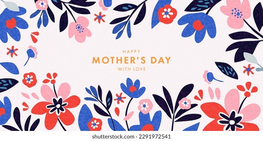 Mother's Day card. Trendy banner, poster, flyer, label or cover with flowers frame, abstract floral pattern in mid century art style. Spring summer bright abstract floral design template for ads promo