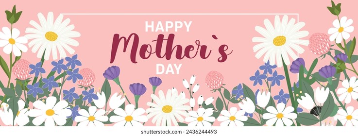 Mother's Day card. Trendy banner, poster, flyer, label or cover with flowers frame, abstract floral pattern. Spring summer bright abstract floral design template for ads promo